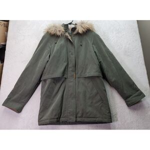 Braetan Parka Coat Women Medium Green Faux Fur Hood Drawstring Snap Full Zip EUC